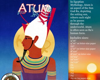 Printable Art - Atum Egyptian Mythology Sun God of Sunset, dual crown Egypt - Retro Art Print, home decor, Digital download, Art by Angele G