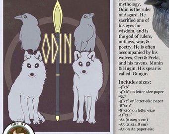 Printable Art - Odin Norse Mythology Allfather God of Asgard, Hugin and Munin - Retro Art Print, Digital Download, Art by Angele G