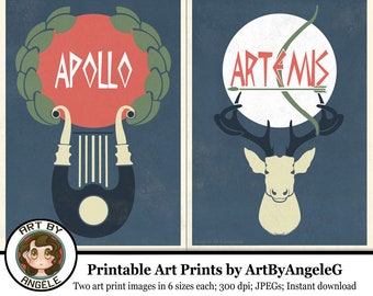 Printable Art - Apollo and Artemis Greek Mythology Twin Gods - print set, set of 2 prints, Digital download, home decor, Art by Angele G