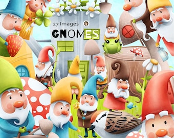 Gnomes graphics Clipart - Instant Download - png set - Commercial Use – mushroom, flowers, ladybug, flowers, fairy house - Art By Angele G