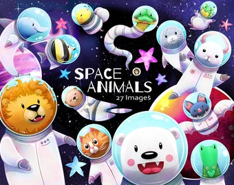 Space Animals Graphics Clipart – animal astronauts - Instant Download – bee, cat, bunny, lion, dolphin - Commercial Use - Art By Angele G