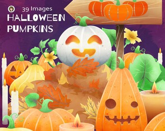 Halloween Pumpkins Clipart – Jack-o-lantern Graphics - Instant Download – Autumn, leaves, spooky cute - Commercial Use - Art By Angele G