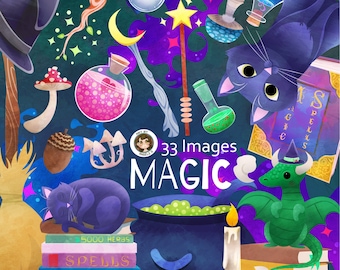 Magic Graphics Clipart – black cat download - Instant Download – books, potions, wands, spells, witch hat - Commercial Use - Art By Angele G