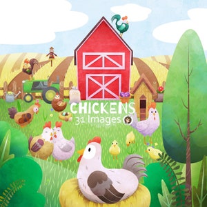 Chickens Graphics Clipart - Farmcore - Instant Download – rooster, chicken, farm background, flower pot - Commercial Use - Art By Angele G