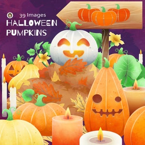 Peut inclure: Une collection de 39 citrouilles d'Halloween de différentes tailles et couleurs, notamment orange, blanc et jaune. Les citrouilles sont disposées en tas avec des feuilles d'automne et des bougies. L'image comprend le texte "39 Images HALLOWEEN PUMPKINS".
