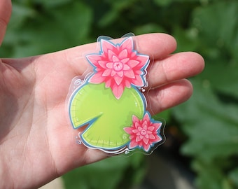 Näckrosblomklistermärke – vattentätt transparent vinylklistermärke – rosa blommor – grönska – dammkonst