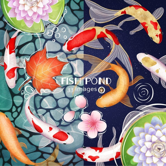 Koi Pond Graphics Clipart Fish Pond Clipart Instant Download Gold, Lilypad,  Flower, Background Commercial Use Art by Angele G 
