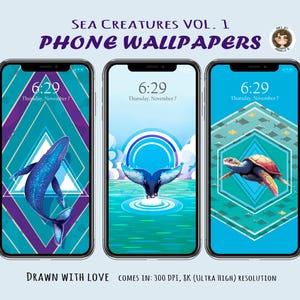 Sea Creatures Vol 1 phone WALLPAPER – iPhone cute underwater ocean background, blue whale, sea turtle, phone graphic, abstract geometric art