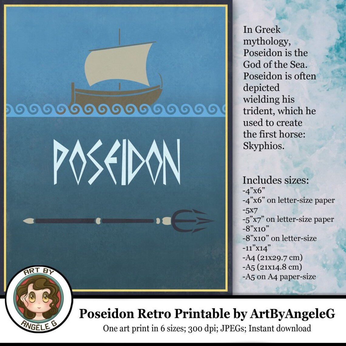 Poseidon Retro Poster PRINTABLE God of the Sea digital art | Etsy