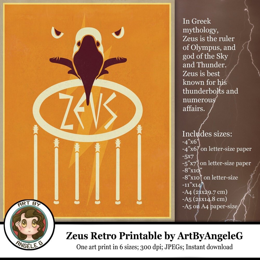 printable art zeus greek mythology god of thunder ruler of etsy