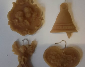 4 wax ornaments vintage: angel, heart, bell