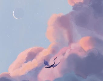 Lámina artística "Dragón al amanecer en vuelo": decoración de pared de fantasía caprichosa