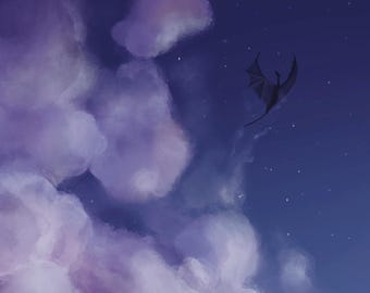 Lámina artística "Vuelo de medianoche del dragón": Decoración de pared fantástica y caprichosa
