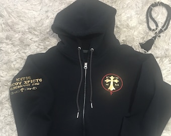 Grekisk-ortodox kristen röd och guldfärgad kors-hoodie med dragkedja IC XC