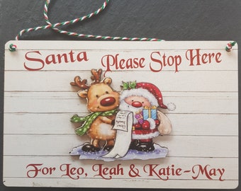 Name plaque Christmas SANTA PLEASE STOP HERE FOR banner personalised Garland MDF 