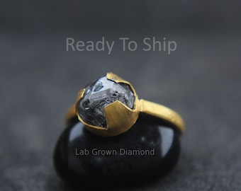 Raw Rough lab Diamond Ring, Salt Pepper Lab Diamond Ring in 18k gold, Unique rare Diamond Ring, Anniversary Raw Diamond Ring, Gift for her