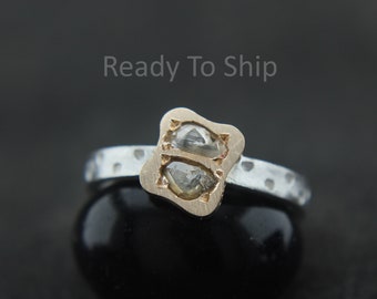 Raw Rough Diamond Slice Ring, Unique Diamond Engagement Ring, 14K Rose Gold 925 silver Ring, couple Promise Ring, Modern Anniversary Ring