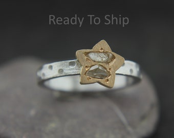 Raw Diamond Slice Ring, Unique Star shape Diamond Ring, Mix metal Engagement Ring, 14K Gold 925 silver Ring, Imperfact creative Diamond Ring