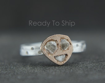 Raw Diamond Slice Ring, Happy Bridal Diamond Ring, Unique Diamond Engagement Ring, 14K Rose Gold 925 silver Ring, Custom Anniversary Ring