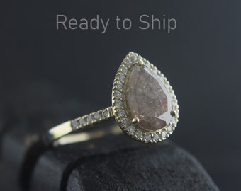 2.51ct Grey Pear Diamond Halo Wedding Ring, Rare 10k White Gold Ring, Pear diamond Engagement Ring, Art deco Anniversary Ring, Ready to ship