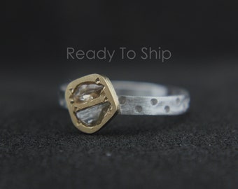 Raw Diamond Slice Ring, Unique Diamond Engagement Ring, MIx metal 14K Gold 925 silver Ring, Artdeco Wedding Ring, Handmade Anniversary Ring