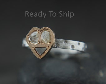Simling heart Raw Diamond Ring, Raw Diamond Ring for Mother, Unique Diamond Engagement Ring, 14K Rose Gold 925silver Ring, Rare Diamond Ring
