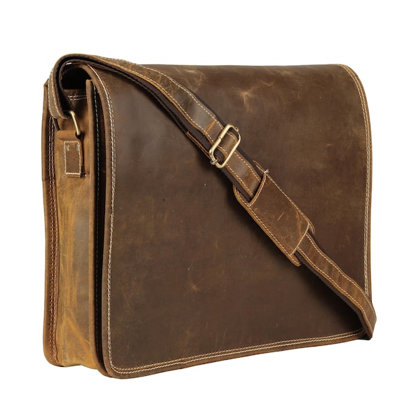 16 Inch Leather Messenger Bag for Men & Women – Vintage Laptop Satchel with Trolley Strap and Shoulder Strap – Fits 15.6" Laptop