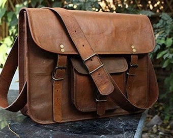 Leather Unisex Real Leather Messenger Bag for Laptop Briefcase Satchel