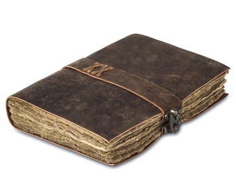 Handcrafted Vintage Leather bound Journal with Lock - Antique Deckle Edge Paper - 200 Pages - Rustic Brown
