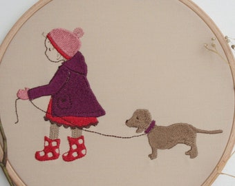 Embroidery file girl dog dachshund child animal mistress walk puppy rain embroidery pattern embroidery machine embroidery motif embroidery template instant download digital