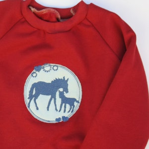 May include: Red long-sleeved sweatshirt with a blue and white design of a horse and foal in a circle.