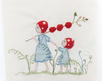4 embroidery files strawberry girl sister gnome elf fairy dwarf child grasses garden forest nature spring application instant download digital