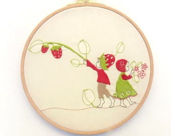 Embroidery file strawberry child gnome boy girl sibling spring garden fruit berry blossom flower embroidery machine instant download digital