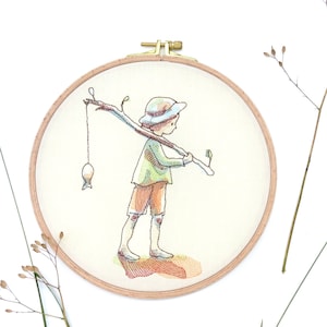 Borduurbestand jongen vissen visser vis kind aquarel zomer water zee meer rivier badkamer visser vakantie borduurpatroon direct downloaden digitaal