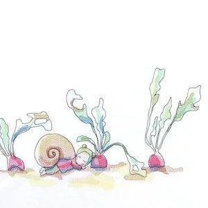 May include: A hand-drawn illustration of a sleeping child with a snail shell on their back, lying on a red radish. The child is wearing a green hat. There are three red radishes with green leaves in the illustration.