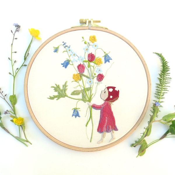 Embroidery file wildflower bouquet elf child flower girl elf buttercup buttercup forget-me-not bellflower clover blossom digital download