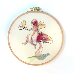 Embroidery file gnome child elf fairy butterfly toadstool lucky mushroom watercolor digital instant download