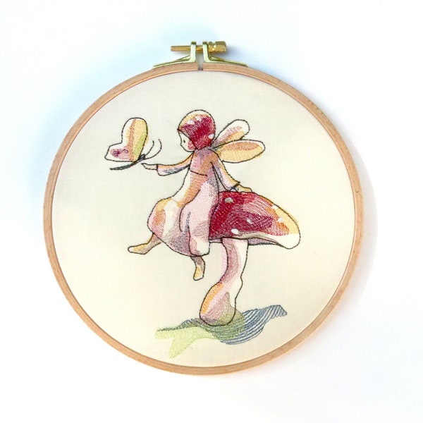 Embroidery file gnome child elf fairy butterfly fly agaric lucky mushroom watercolor digital instant download