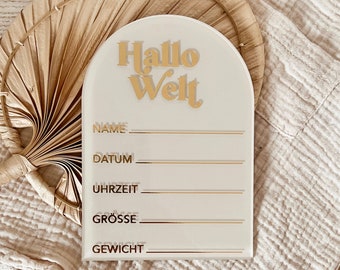 Hand-painted Hello World "Hello World" acrylic sign for birth announcement with stand | Milestone | Newborn | Baby | Gift birth