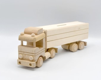 MyBer Holzauto Holz LKW Auto Wagen Sparschwein aus Massivholz mit Anhänger Handarbeit Spardose Holzspielzeug PM-DG004A