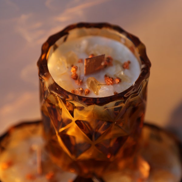 Hand-poured 100% Vegan Vanilla + Honey Candle with charged Citrine Crystal