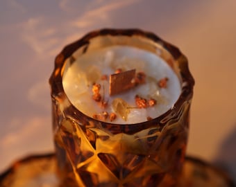 Hand-poured 100% Vegan Vanilla + Honey Candle with charged Citrine Crystal