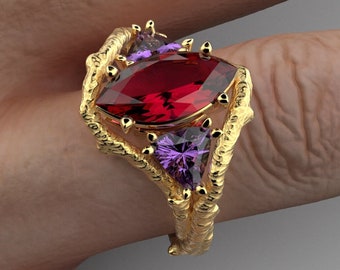 Rhodolite Garnet Gold Ring: Twig Band, Amethyst Accent