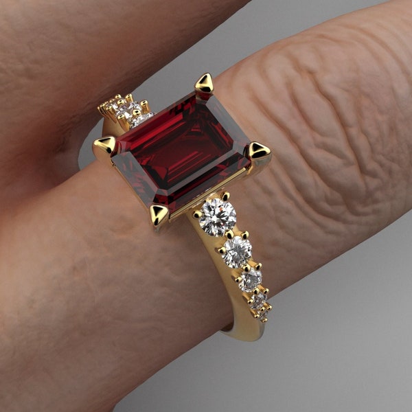 Italian Engagement Ring With Rhodolite Garnet and Natural Diamonds 18k or 14k Solid Gold Made in Italy by Oltremare Gioielli