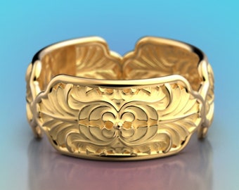 Gold wedding ring for him or for her, Acanthus leaf gold band in 18k or 14k made in Italy. 750 or 585 real gold wedding band, Italian gold