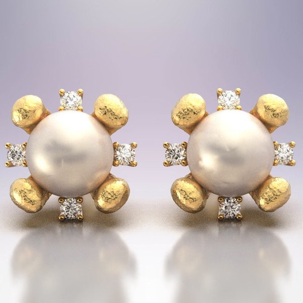 Italian gold stud earrings with natural white pearl and natural diamonds, 18k or 14k solid gold made in Italy by Oltremare Gioielli