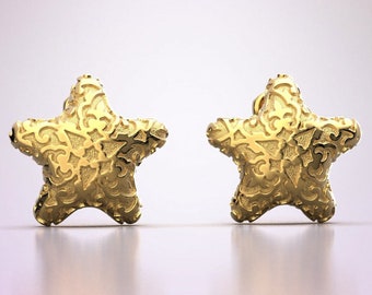 Beach Nautical Starfish Earrings, 18k or 14k Gold Starfish Studs, Italian Damascene Gold Earrings