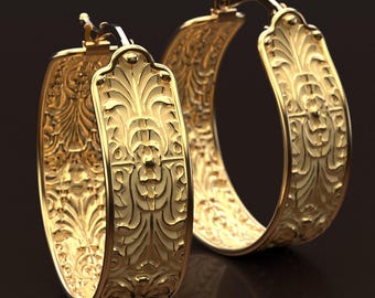 Hoop earrings made in Italy in 18k / 14k solid gold. Large hoop earrings. Acanthus leaf gold earrings , italian gold jewelry earrings.