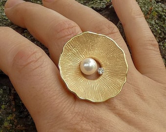 Grande bague en or véritable 14 carats ou 18 carats avec perle blanche et diamants, bijoux italiens fabriqués en Italie par Oltremare Gioielli