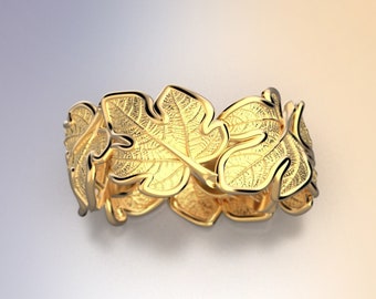 Gold wedding band with leaf motif, 14k or 18k genuine gold made in Italy. Nature inspired wedding ring, Italian fine jewelry.